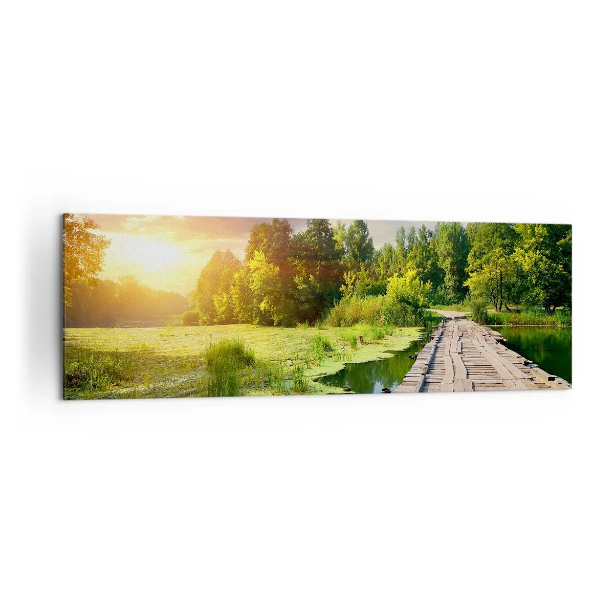 Cuadro sobre lienzo - Impresión de Imagen - Un paisaje pintoresco con un puente y un cisne. - 160x50cm - Verano, verano en todas partes - Decoración de pared moderna para salón y dormitorio ARTTOR