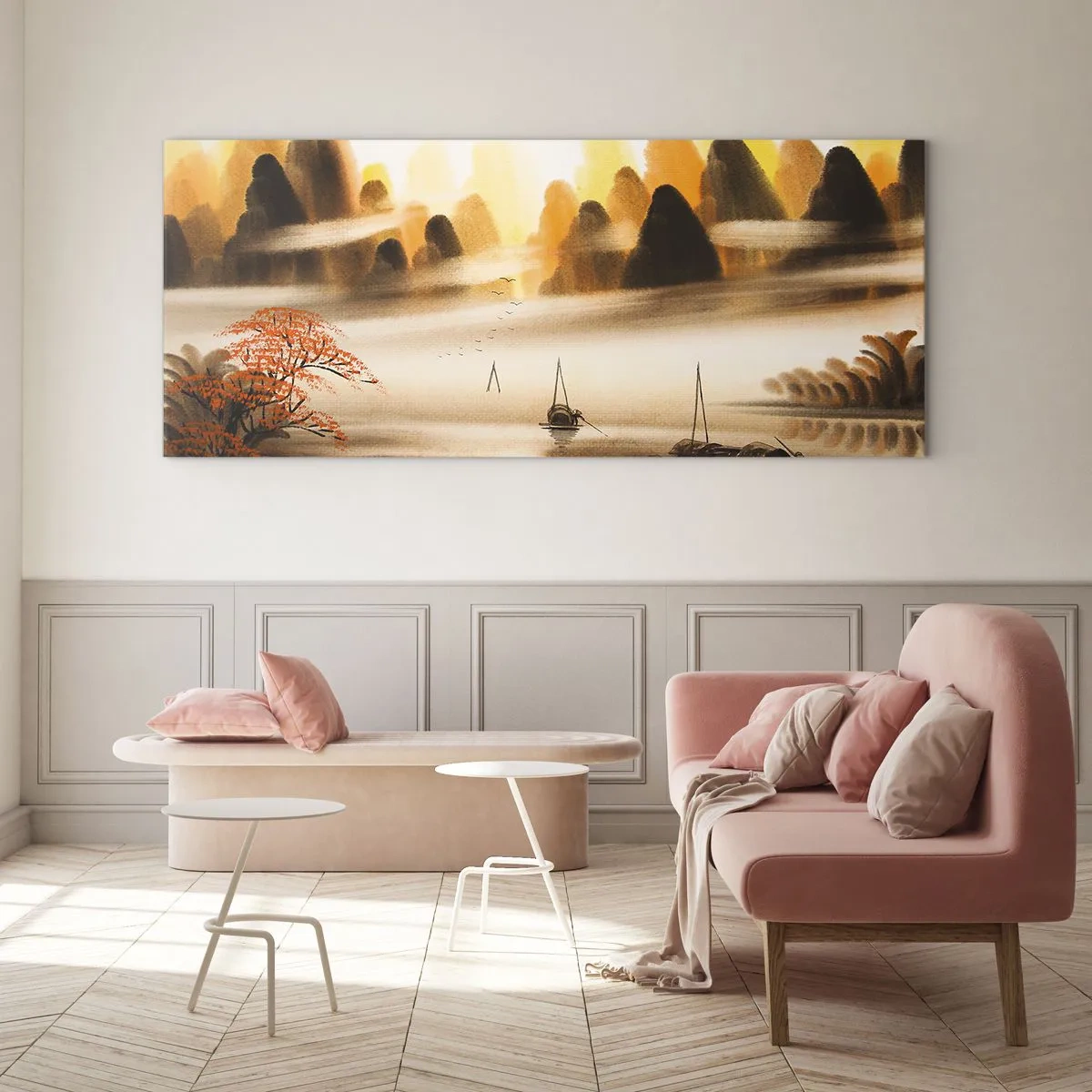 Cuadro sobre vidrio - Impresiones sobre Vidrio - Un paisaje oriental con un río, montañas y una suave niebla. - 160x50cm - Más allá del Lejano Oriente - Decoración de pared moderna para salón y dormitorio ARTTOR