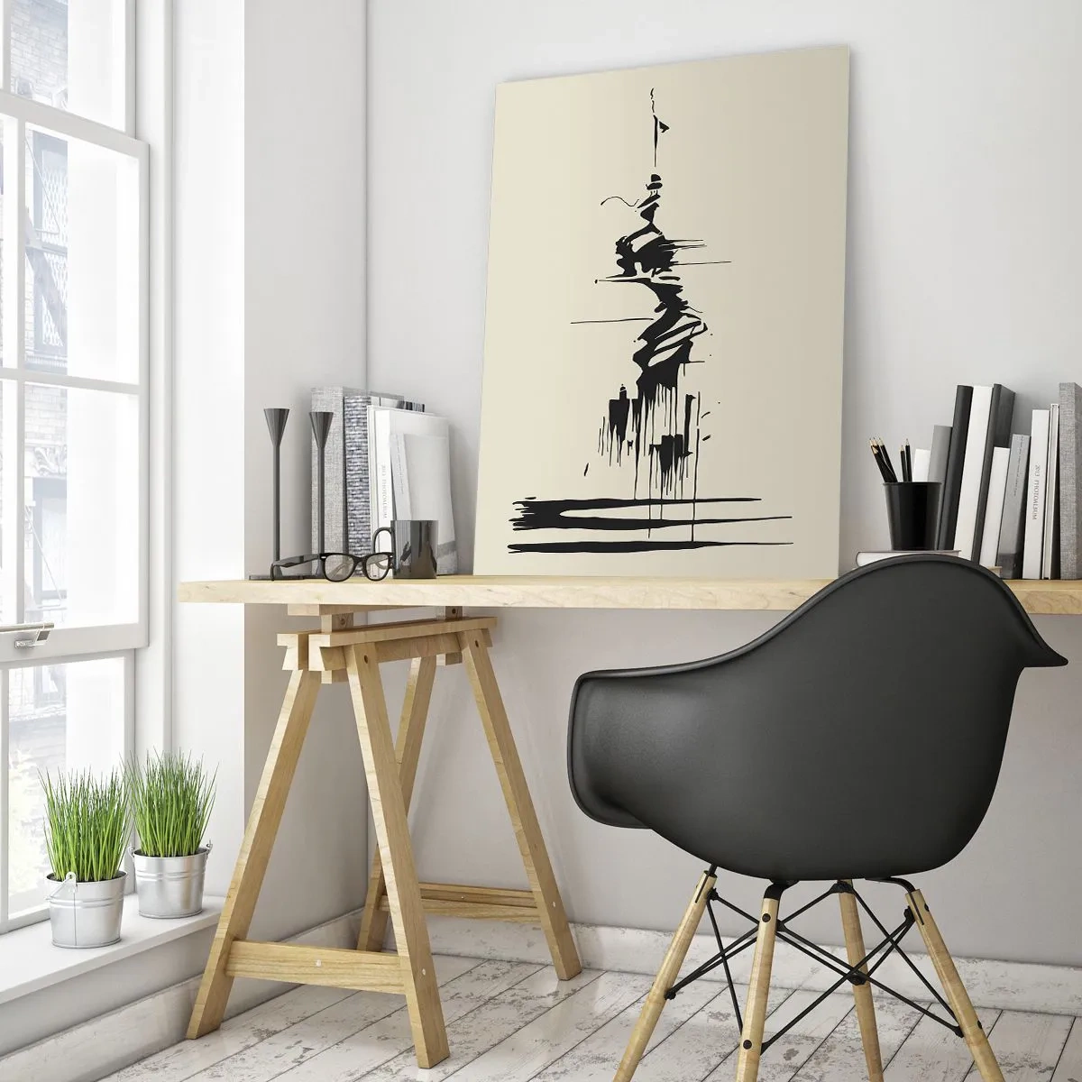 Cuadro sobre vidrio - Impresiones sobre Vidrio - Líneas y manchas negras dinámicas sobre un fondo claro en un estilo abstracto. - 50x70cm - Abstracción apresurada - Decoración de pared moderna para salón y dormitorio ARTTOR