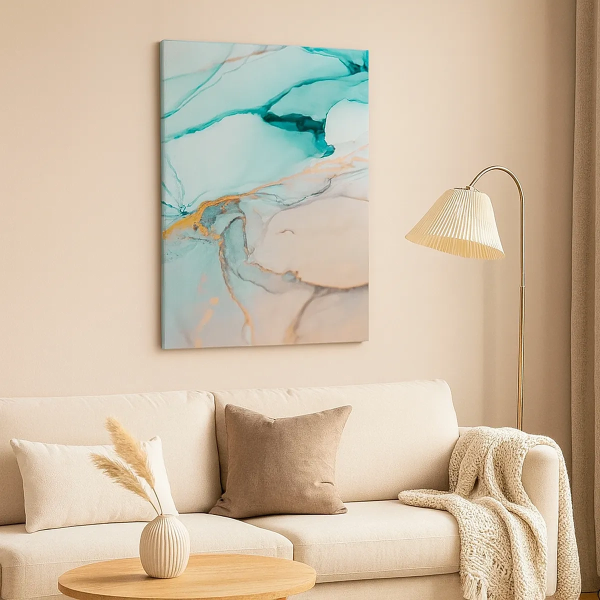 Cuadro sobre lienzo - Impresión de Imagen - Una composición abstracta en tonos turquesa y dorado. - 50x70cm - Danza de formas y colores - Decoración de pared moderna para salón y dormitorio ARTTOR