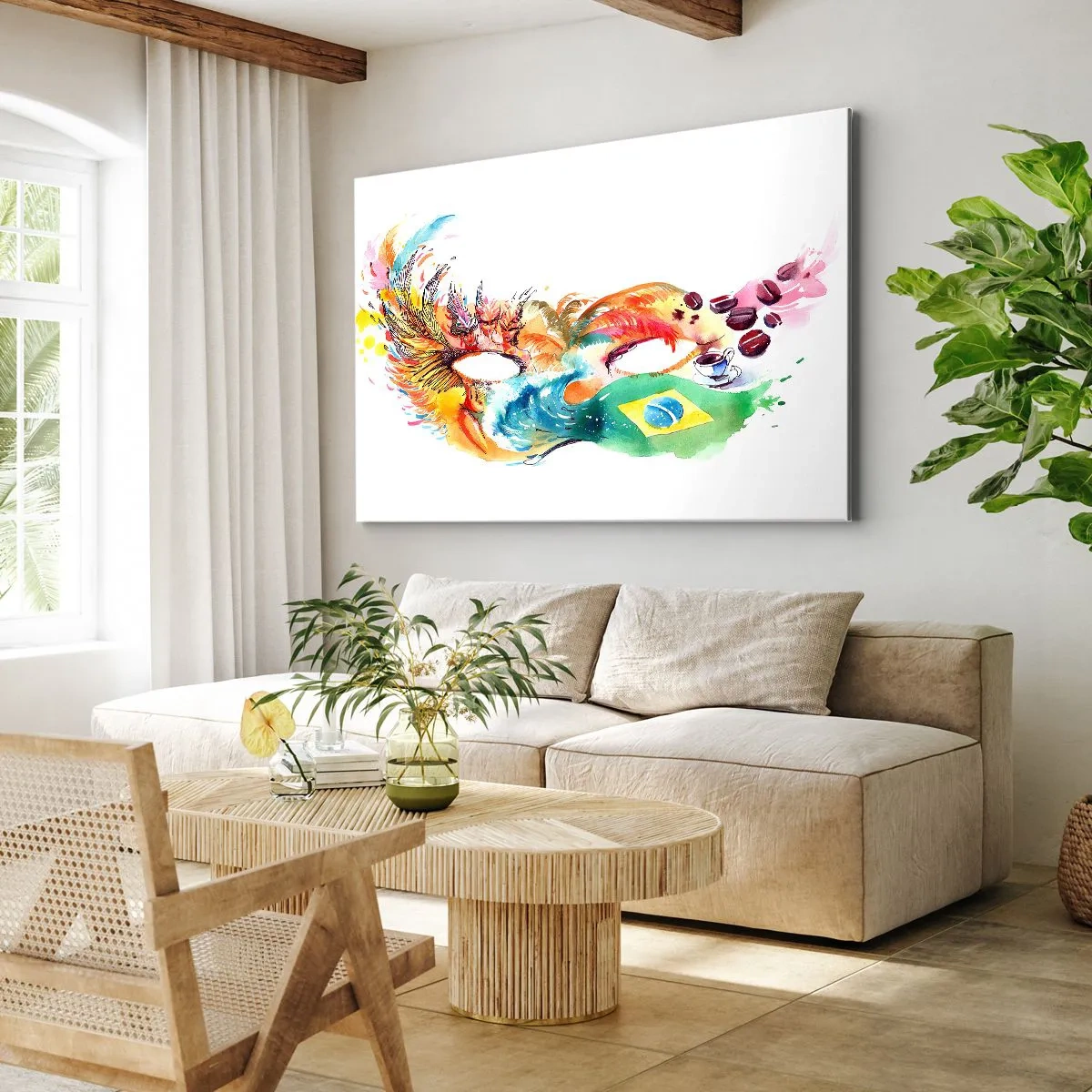 Cuadro sobre lienzo - Impresión de Imagen - Máscara de acuarela colorida inspirada en Brasil - 120x80cm - Brasil te recibe con samba - Decoración de pared moderna para salón y dormitorio ARTTOR