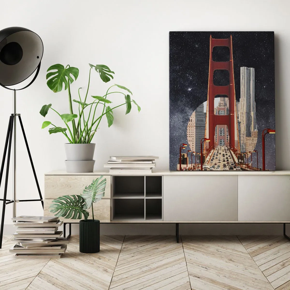 Cuadro sobre lienzo - Impresión de Imagen - El puente Golden Gate con la ciudad al fondo contra un cielo estrellado - 70x100cm - Siempre en el centro - Decoración de pared moderna para salón y dormitorio ARTTOR