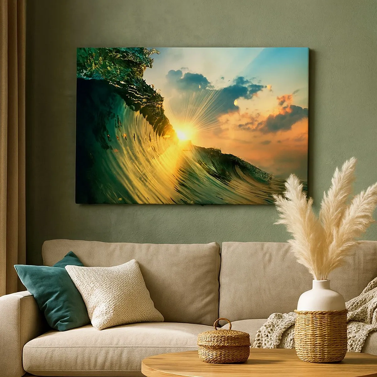 Cuadro sobre lienzo - Impresión de Imagen - Una ola con el sol poniente y nubes iluminadas. - 70x50cm - Surfer, ¿dónde estás? - Decoración de pared moderna para salón y dormitorio ARTTOR