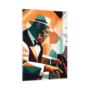 Cuadro sobre vidrio - Impresiones sobre Vidrio - Un retrato colorido de un pianista de estilo jazz. - 50x70cm - Todo ese jazz que llevas dentro - Decoración de pared moderna para salón y dormitorio ARTTOR