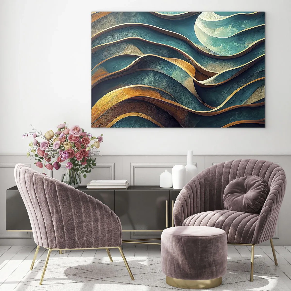 Cuadro sobre vidrio - Impresiones sobre Vidrio - Líneas dinámicas en azul y cobre que crean ondas. - 70x50cm - Meandros de azul - Decoración de pared moderna para salón y dormitorio ARTTOR