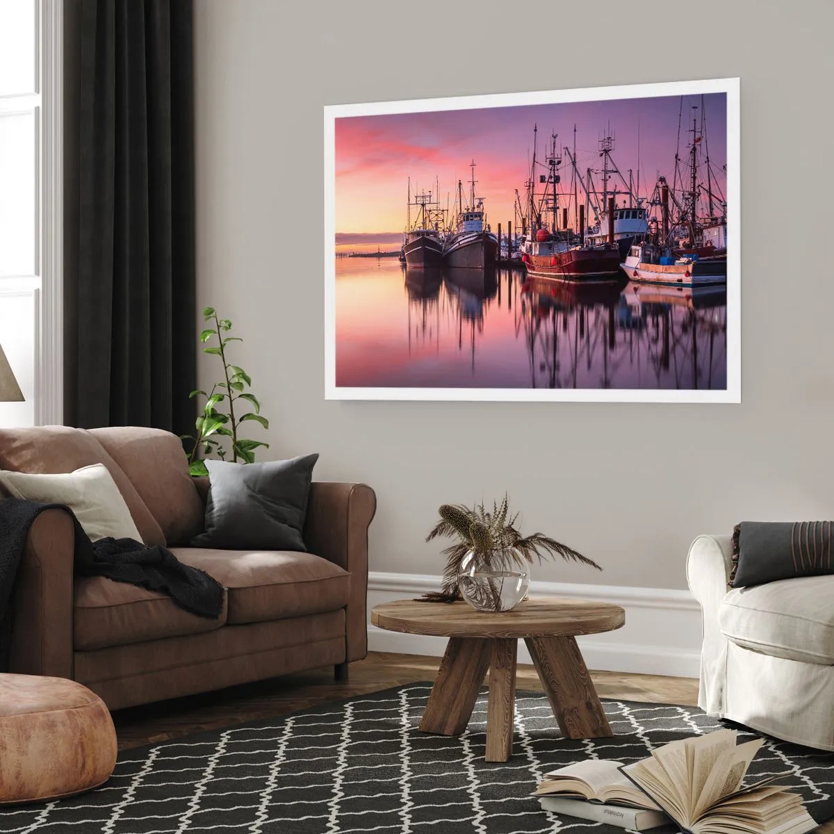 Póster - Barcos de pesca en el puerto al atardecer - 100x70cm - Descanso antes de partir - Decoración de pared moderna para salón y dormitorio ARTTOR
