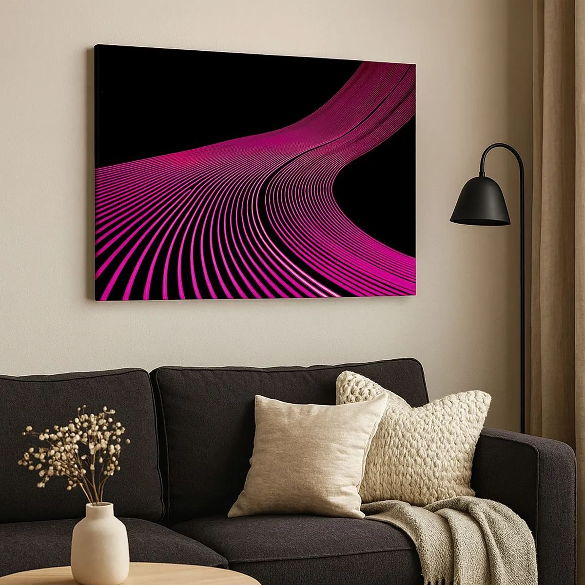 Cuadro sobre lienzo - Impresión de Imagen - Líneas futuristas en tonos rosa sobre fondo negro. - 70x50cm - Avenida de luz - Decoración de pared moderna para salón y dormitorio ARTTOR