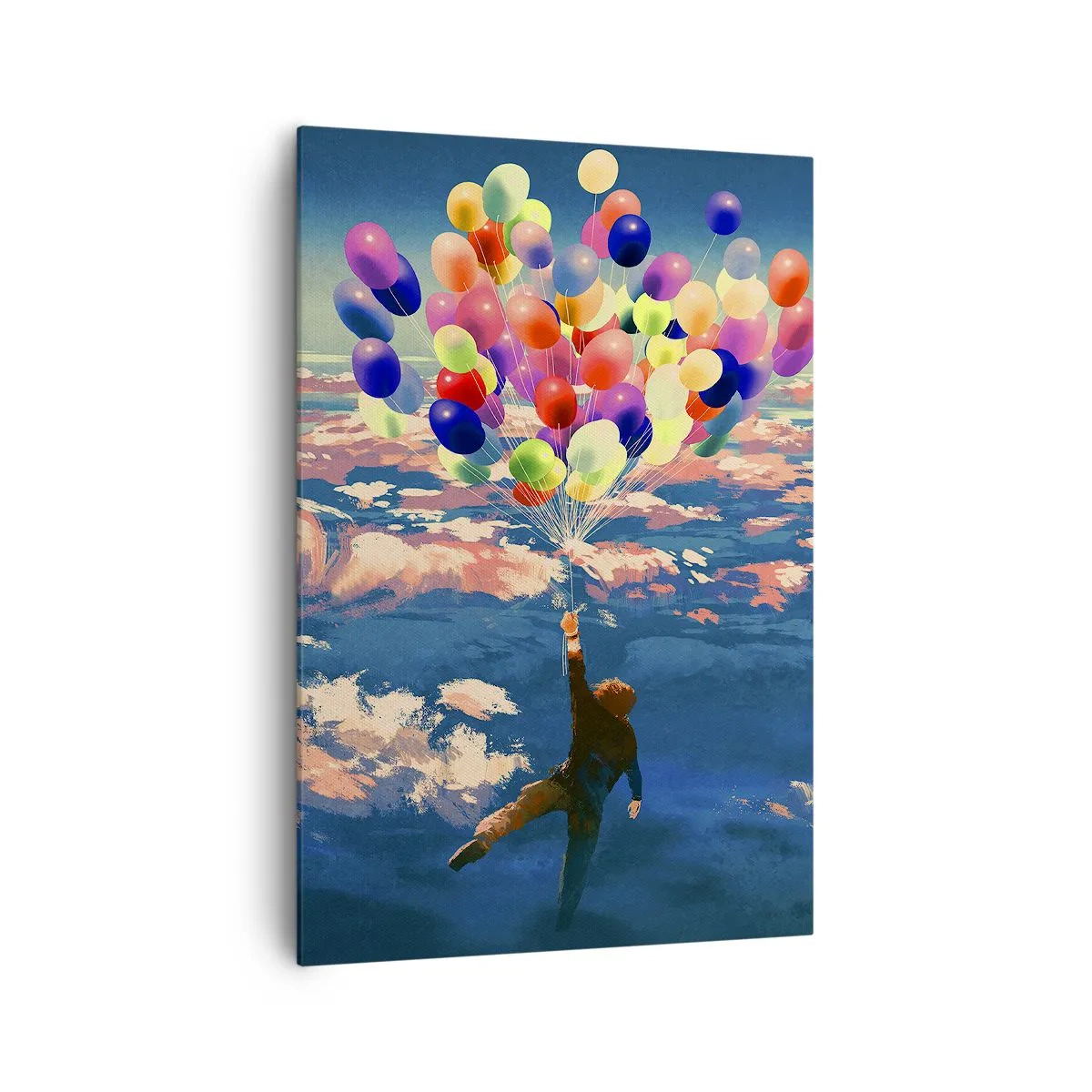 Cuadro sobre lienzo - Impresión de Imagen - Una figura flotando sobre las nubes con globos de colores. - 70x100cm - Un sueño de infancia hecho realidad - Decoración de pared moderna para salón y dormitorio ARTTOR