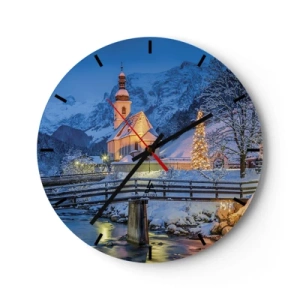 Reloj de pared - Reloj de vidrio - Iglesia en un entorno invernal con un árbol de Navidad. - 30x30cm - El espíritu de la Navidad - Decoración de pared moderna para salón, cocina y dormitorio ARTTOR
