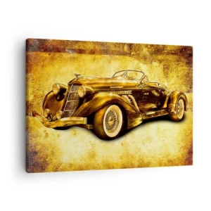 Cuadro sobre lienzo - Impresión de Imagen - Un clásico convertible retro dorado sobre un fondo vintage en colores cálidos. - 70x50cm - La élite de la élite - Decoración de pared moderna para salón y dormitorio ARTTOR
