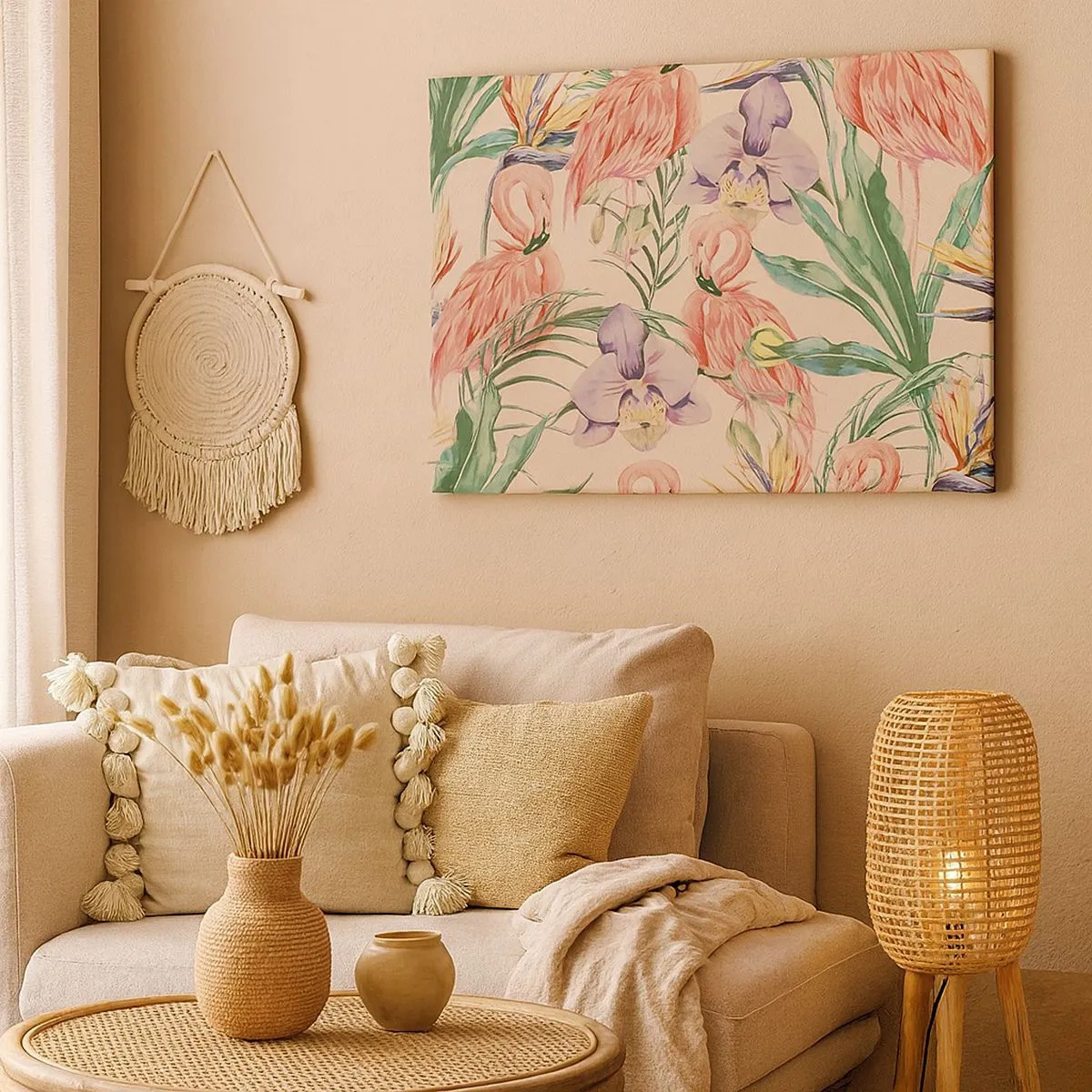 Cuadro sobre lienzo - Impresión de Imagen - Flamencos y flores tropicales sobre un fondo claro. - 70x50cm - Un ballet rosa en flores - Decoración de pared moderna para salón y dormitorio ARTTOR
