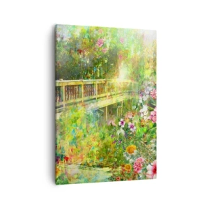 Cuadro sobre lienzo - Impresión de Imagen - Un puente rodeado de exuberante vegetación y flores. - 50x70cm - Un puente de suspiros de primavera - Decoración de pared moderna para salón y dormitorio ARTTOR