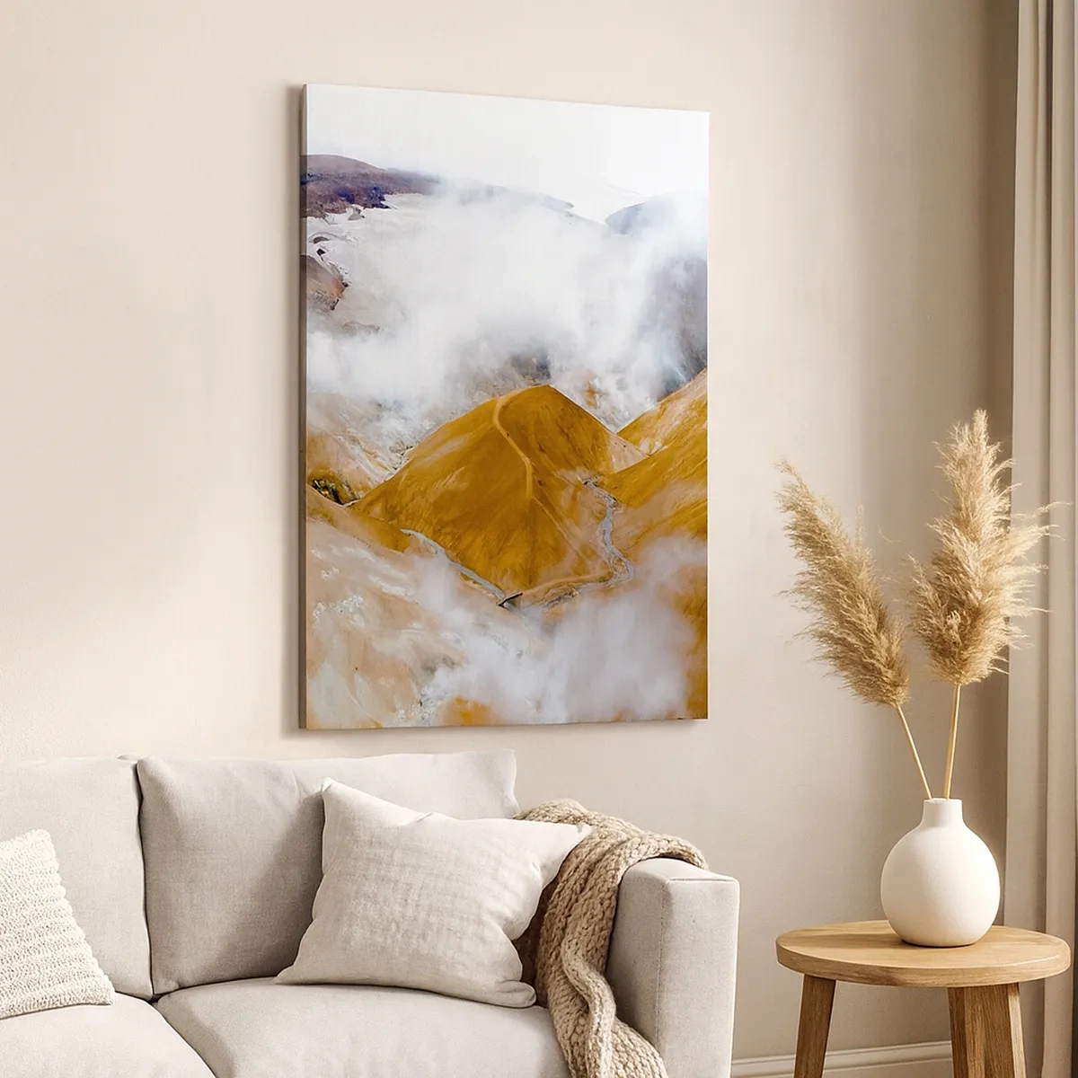Cuadro sobre lienzo - Impresión de Imagen - Un paisaje de montaña con vapor en un clima duro. - 50x70cm - La dura belleza de Islandia - Decoración de pared moderna para salón y dormitorio ARTTOR