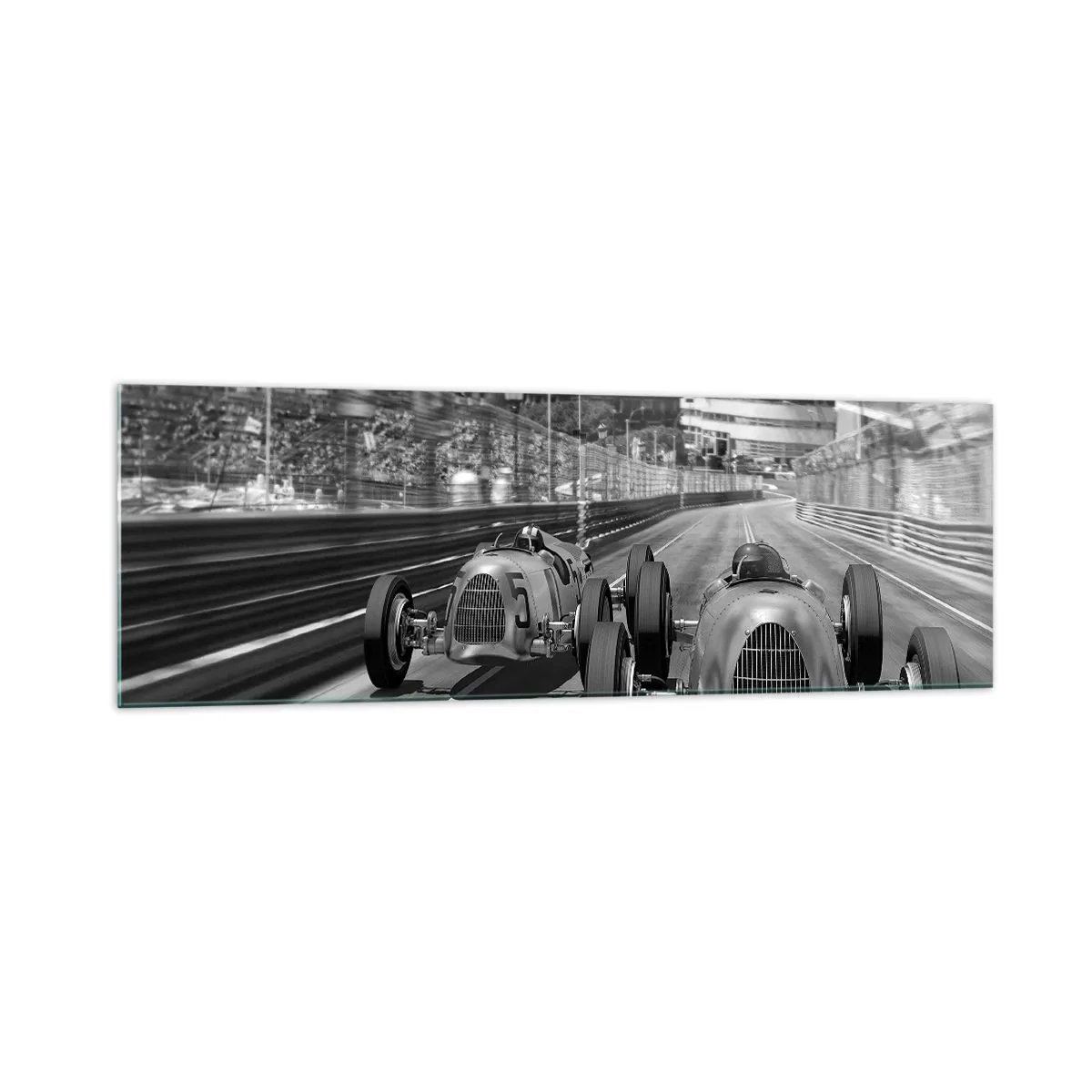 Cuadro sobre vidrio - Impresiones sobre Vidrio - Escena de carrera de coches retro monocromática - 160x50cm - Érase una vez en Montecarlo - Decoración de pared moderna para salón y dormitorio ARTTOR