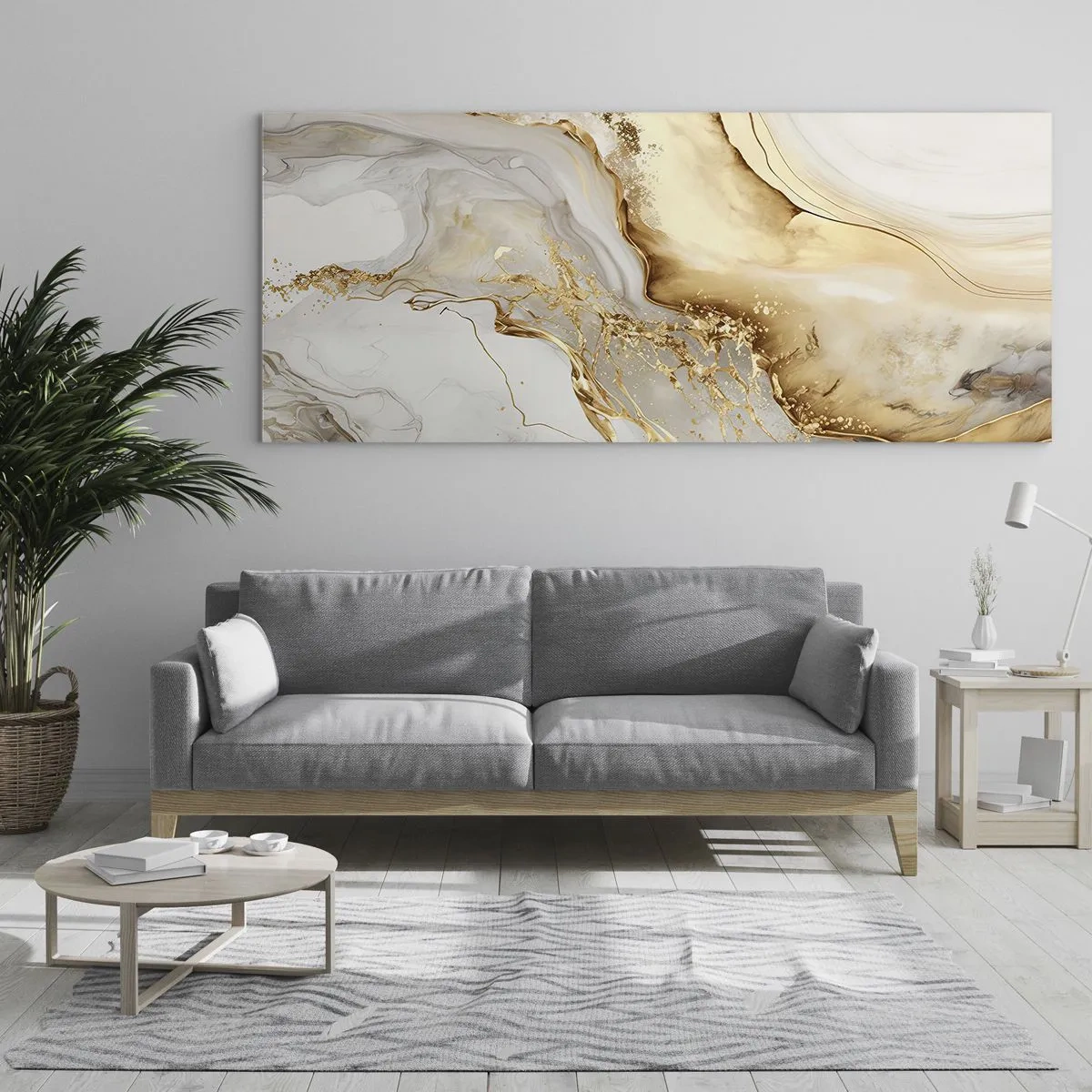 Cuadro sobre vidrio - Impresiones sobre Vidrio - Patrones abstractos de oro y mármol sobre un fondo claro. - 120x50cm - Abstracción: belleza y bondad - Decoración de pared moderna para salón y dormitorio ARTTOR
