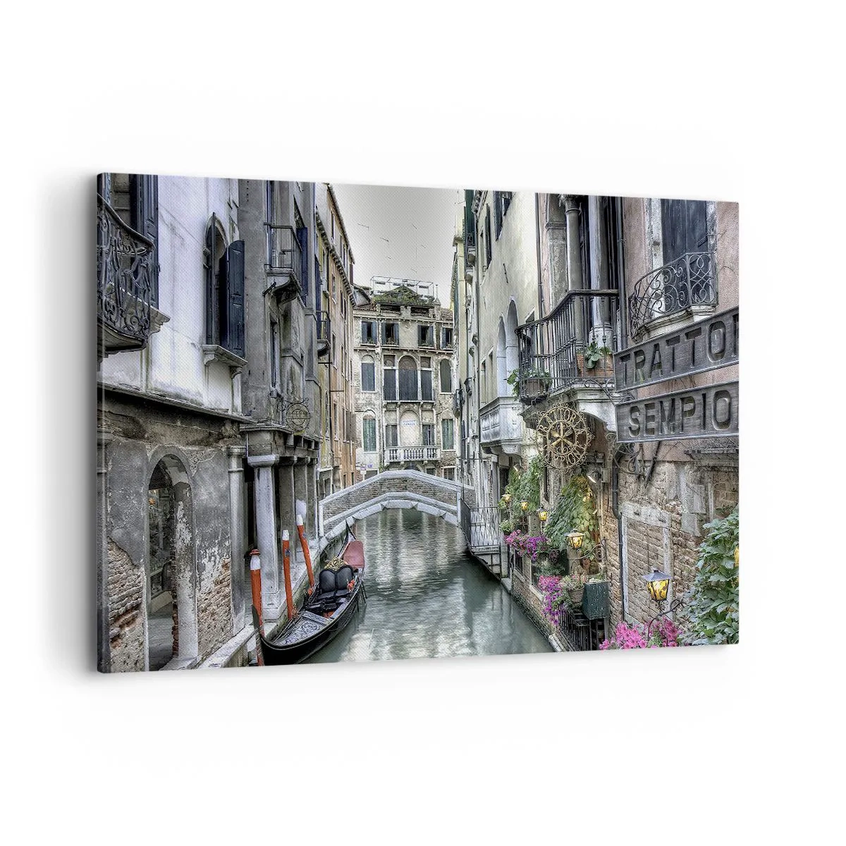 Cuadro sobre lienzo - Impresión de Imagen - Canal veneciano con góndola y puente de piedra - 120x80cm - Durante siglos, un sueño - Decoración de pared moderna para salón y dormitorio ARTTOR