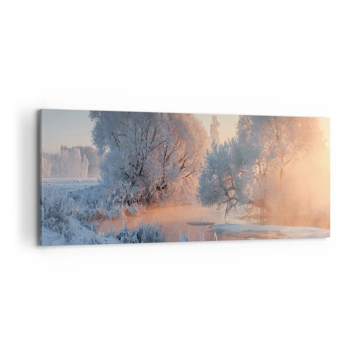Cuadro sobre lienzo - Impresión de Imagen - Paisaje invernal con árboles cubiertos de nieve y una puesta de sol. - 120x50cm - Brillo cristalino - Decoración de pared moderna para salón y dormitorio ARTTOR