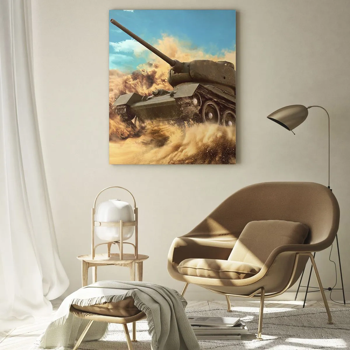 Cuadro sobre vidrio - Impresiones sobre Vidrio - Un tanque en movimiento en un desierto con polvo volando y un cielo brillante. - 50x70cm - Inmejorable - Decoración de pared moderna para salón y dormitorio ARTTOR