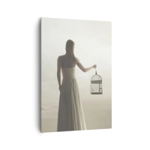 Cuadro sobre lienzo - Impresión de Imagen - Una mujer con una jaula contra un cielo en calma. - 70x100cm - Sé libre - Decoración de pared moderna para salón y dormitorio ARTTOR