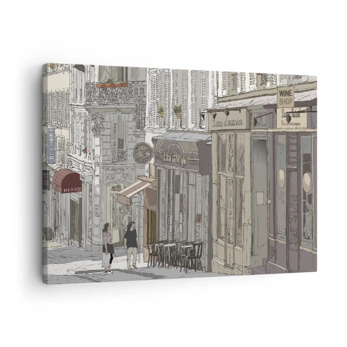 Cuadro sobre lienzo - Impresión de Imagen - Ilustración de una calle de la ciudad con cafés y tiendas. - 70x50cm - Alegrías urbanas - Decoración de pared moderna para salón y dormitorio ARTTOR