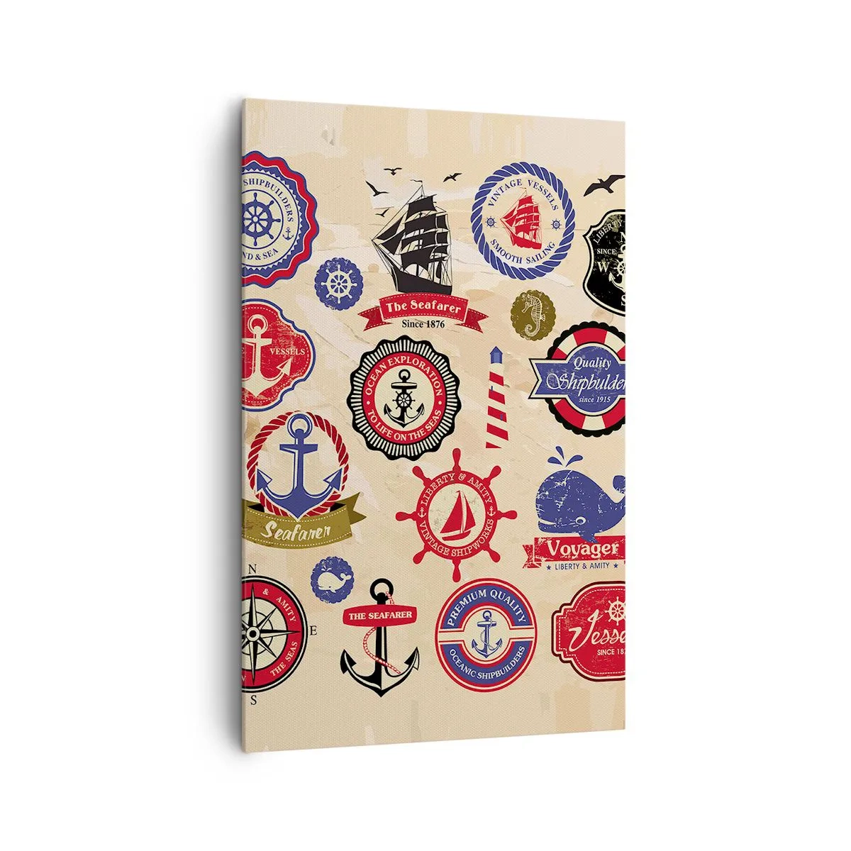 Cuadro sobre lienzo - Impresión de Imagen - Una colección de gráficos y símbolos náuticos sobre un fondo claro. - 80x120cm - Una fraternidad del mar - Decoración de pared moderna para salón y dormitorio ARTTOR