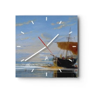 Reloj de pared - Reloj de vidrio - Un barco en la orilla del mar en un día soleado. - 30x30cm - Agua, tierra, aire - Decoración de pared moderna para salón y dormitorio ARTTOR