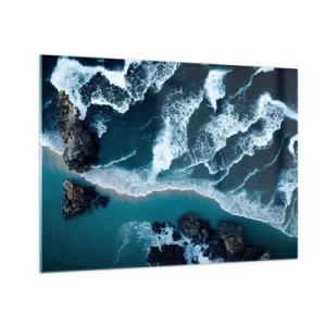 Cuadro sobre vidrio - Impresiones sobre Vidrio - Olas del mar rompiendo contra la costa rocosa - 70x50cm - Rodeadas por las olas - Decoración de pared moderna para salón y dormitorio ARTTOR