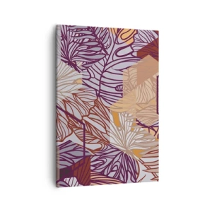 Cuadro sobre lienzo - Impresión de Imagen - Un patrón decorativo de hojas tropicales en tonos morado, naranja y beige. - 50x70cm - La unión imposible de la geometría y la naturaleza - Decoración de pared moderna para salón y dormitorio ARTTOR