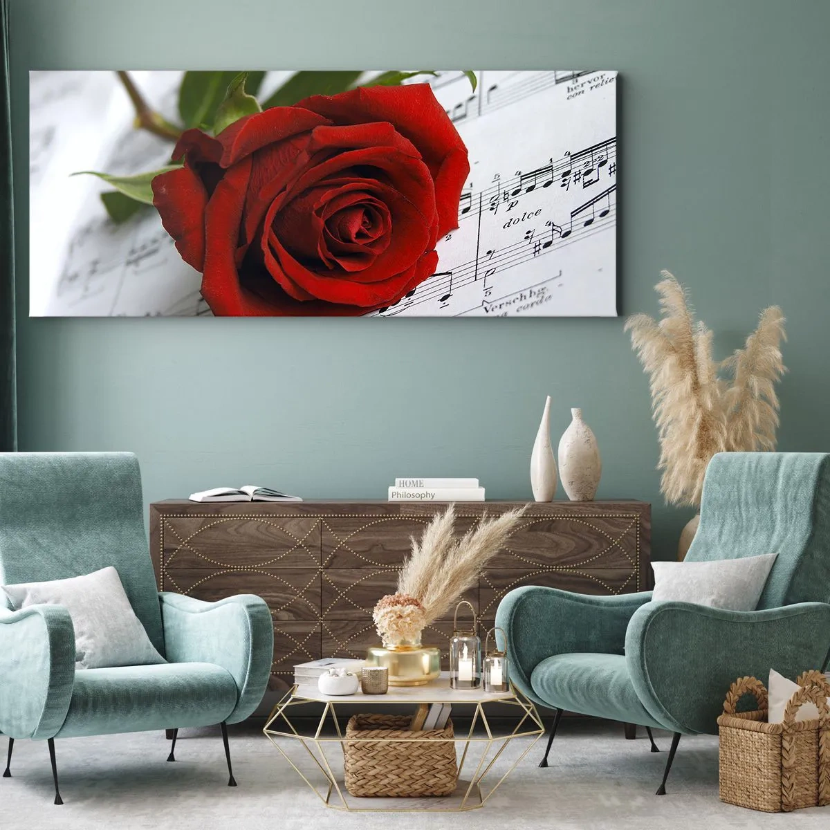 Cuadro sobre lienzo - Impresión de Imagen - Una rosa roja sobre un fondo de notas musicales sobre papel blanco. - 120x50cm - La música de los sentimientos en escarlata - Decoración de pared moderna para salón y dormitorio ARTTOR