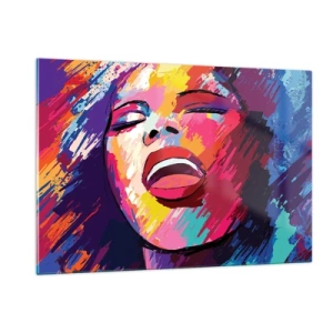 Cuadro sobre vidrio - Impresiones sobre Vidrio - Retrato abstracto de una mujer en colores intensos. - 120x80cm - Canta toda una vida - Decoración de pared moderna para salón y dormitorio ARTTOR