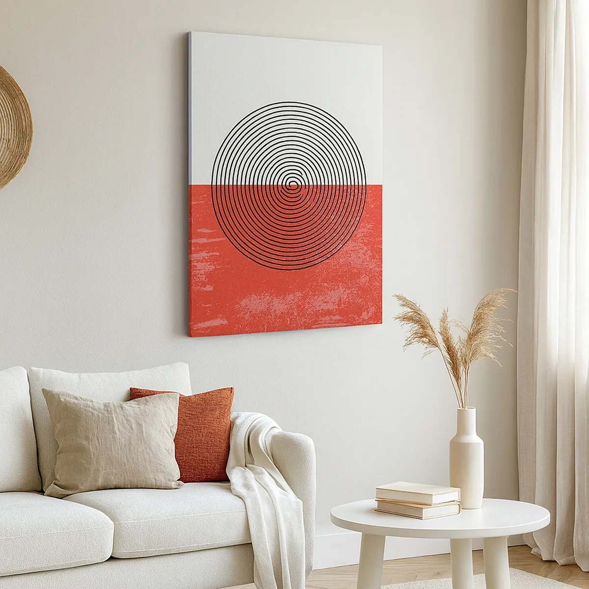 Cuadro sobre lienzo - Impresión de Imagen - Patrón geométrico con círculos concéntricos sobre un fondo rojo y blanco. - 50x70cm - En el corazón de la misma - Decoración de pared moderna para salón y dormitorio ARTTOR