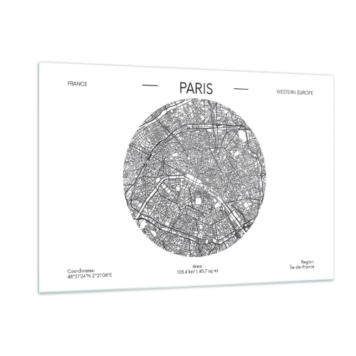 Cuadro sobre vidrio - Impresiones sobre Vidrio - Un mapa circular de París en una ilustración en blanco y negro - 120x80cm - Anatomía de París - Decoración de pared moderna para salón y dormitorio ARTTOR