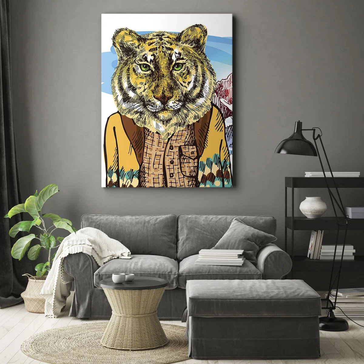 Cuadro sobre lienzo - Impresión de Imagen - Un tigre con abrigo frente a un paisaje montañoso. - 70x100cm - No es tan salvaje como dicen - Decoración de pared moderna para salón y dormitorio ARTTOR