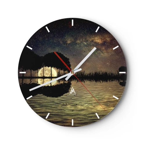 Reloj de pared - Reloj de vidrio - Paisaje con lago, árboles y cielo estrellado por la noche. - 30x30cm - Noche en el fin del mundo - Decoración de pared moderna para salón, cocina y dormitorio ARTTOR