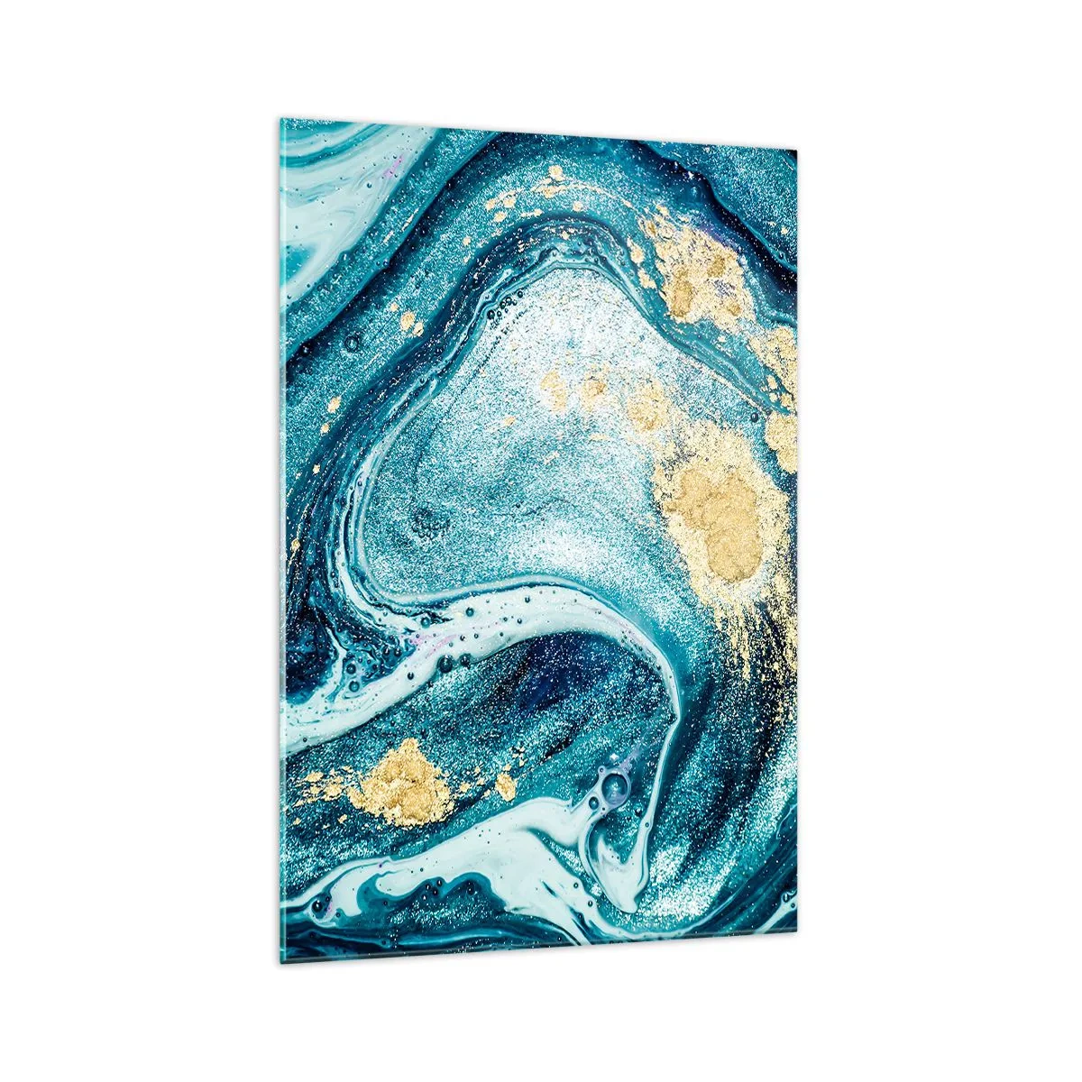Cuadro sobre vidrio - Impresiones sobre Vidrio - Una composición abstracta de ondas y acentos dorados. - 70x100cm - Vórtice azul - Decoración de pared moderna para salón y dormitorio ARTTOR