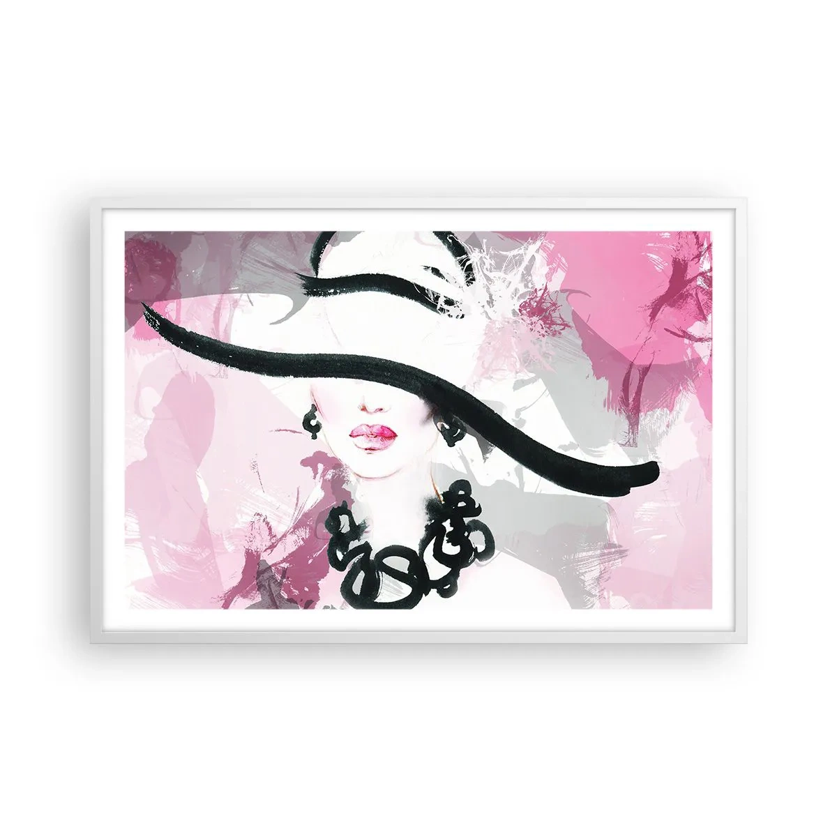 Póster en marco blanco - Retrato de una dama en negro y rosa - 91x61 cm