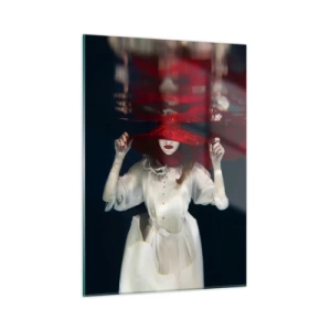 Cuadro sobre vidrio - Impresiones sobre Vidrio - Mujer con sombrero rojo bajo el agua - 50x70cm - Blanco y rojo - Decoración de pared moderna para salón y dormitorio ARTTOR