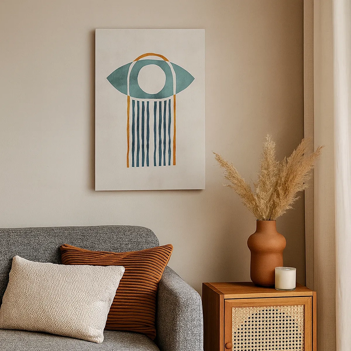 Cuadro sobre lienzo - Impresión de Imagen - Patrón geométrico en tonos verdes y naranjas. - 50x70cm - Signos y rituales - Decoración de pared moderna para salón y dormitorio ARTTOR