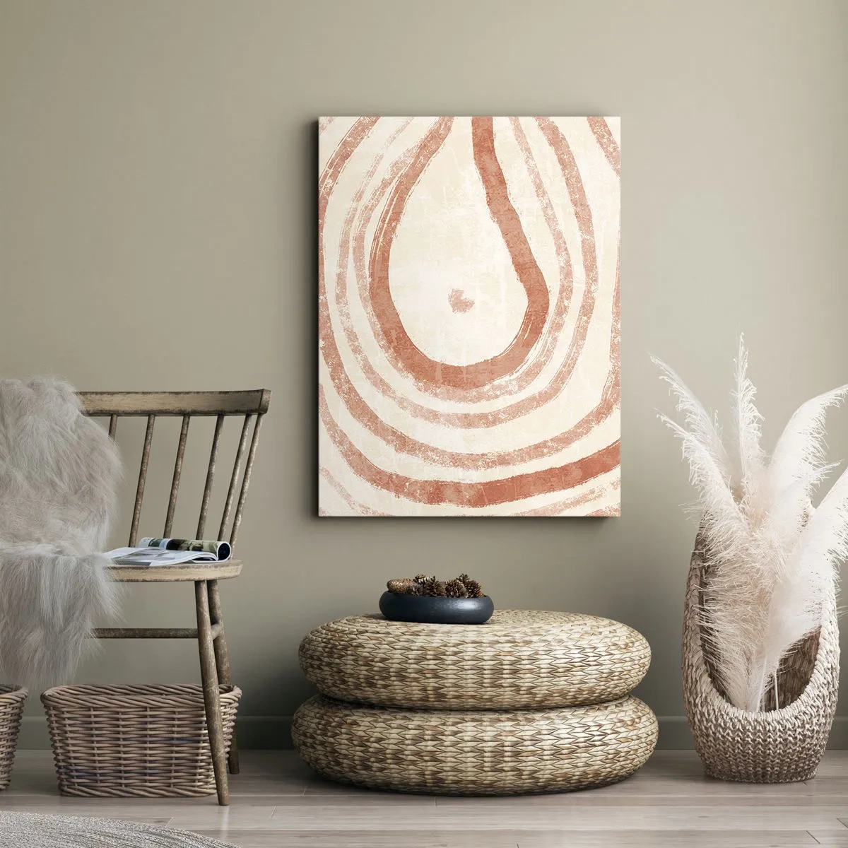 Cuadro sobre lienzo - Impresión de Imagen - Un motivo abstracto de líneas concéntricas en tonos terracota. - 50x70cm - Círculos de coral - composición - Decoración de pared moderna para salón y dormitorio ARTTOR