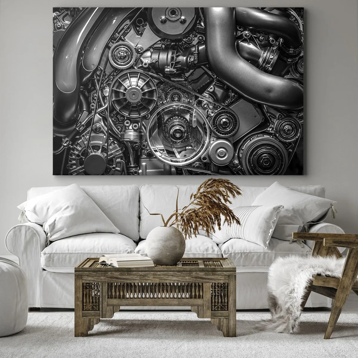 Cuadro sobre lienzo - Impresión de Imagen - Primer plano en blanco y negro de los detalles mecánicos de un motor de automóvil. - 70x50cm - La poesía de la mecánica - Decoración de pared moderna para salón y dormitorio ARTTOR