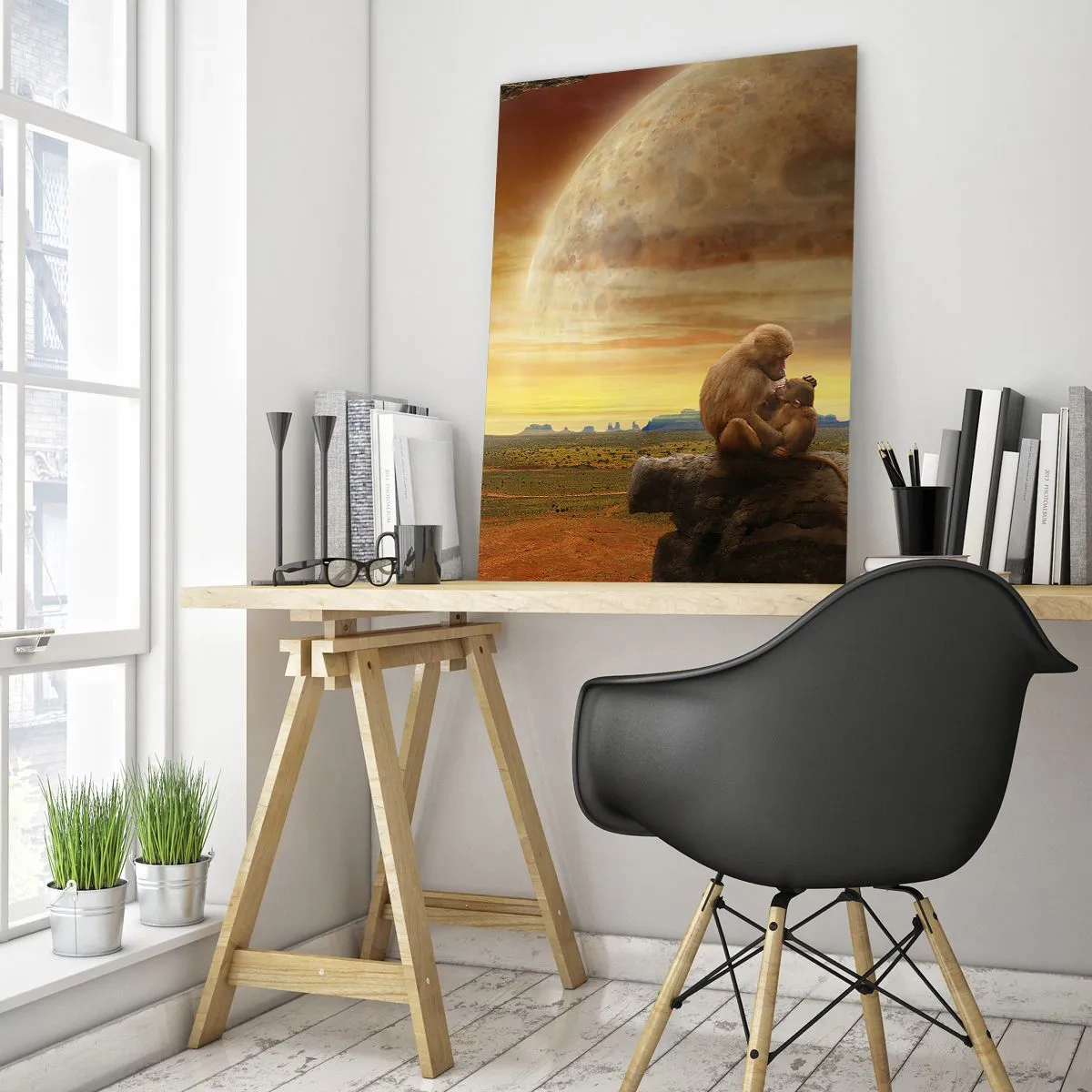Cuadro sobre vidrio - Impresiones sobre Vidrio - Monos sentados en una roca con una enorme luna de fondo. - 50x70cm - El amor es igual en todas partes - Decoración de pared moderna para salón y dormitorio ARTTOR