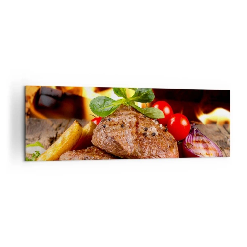 Cuadro sobre lienzo - Impresión de Imagen - Filete a la parrilla con acompañamientos con el telón de fondo de las llamas. - 160x50cm - Embrujo de fuego - Decoración de pared moderna para salón y dormitorio ARTTOR