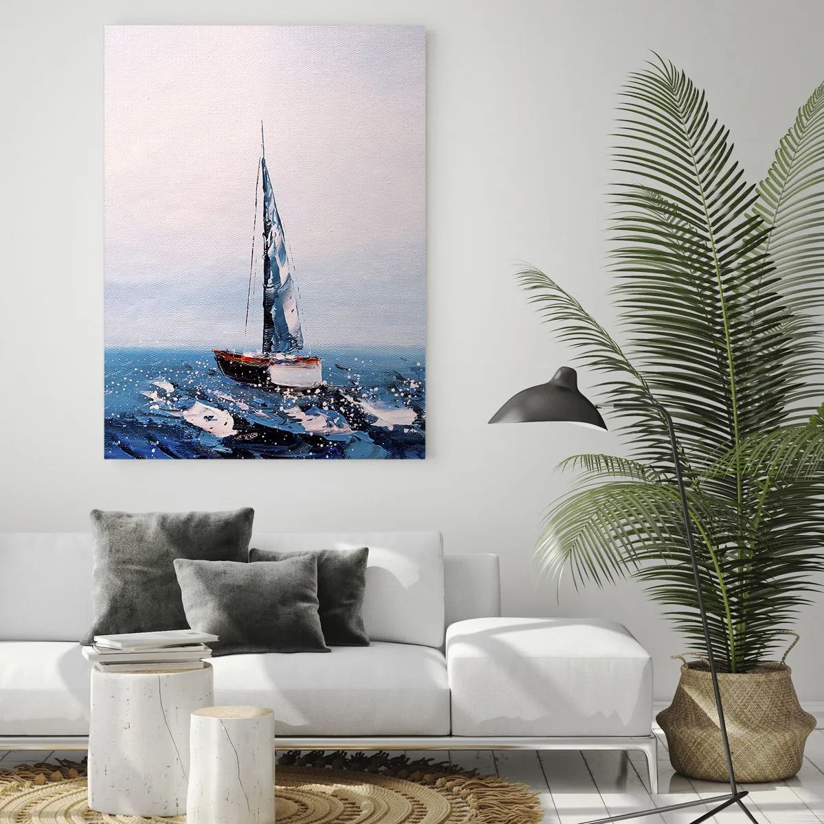 Cuadro sobre vidrio - Impresiones sobre Vidrio - Dos yates en un mar tempestuoso en un estilo pictórico impresionista. - 50x70cm - Hermandad del viento - Decoración de pared moderna para salón y dormitorio ARTTOR