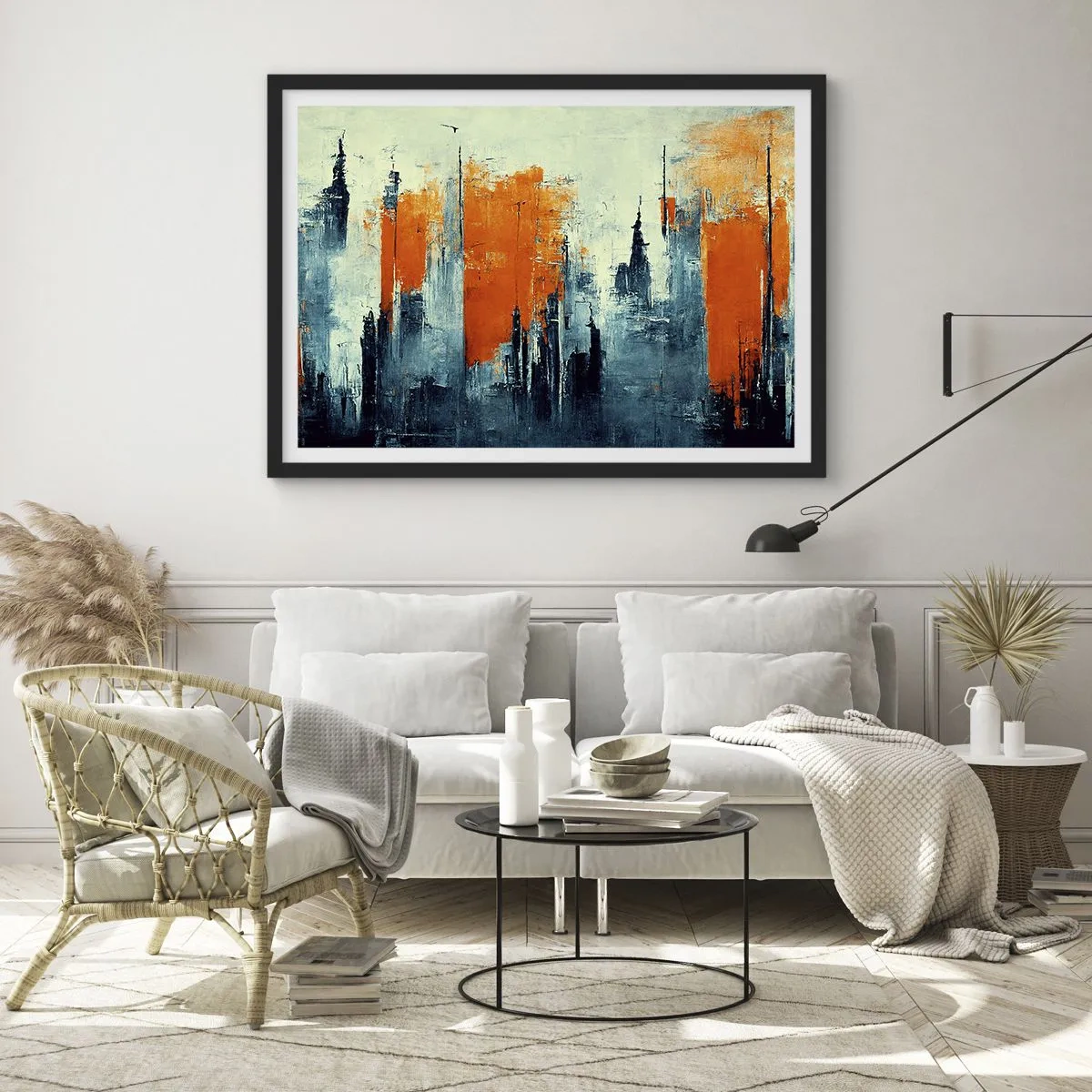 Póster en marco negro - Paisaje urbano abstracto en tonos naranja y azul. - 70x50cm - Paisaje moderno - Decoración de pared moderna para salón y dormitorio ARTTOR
