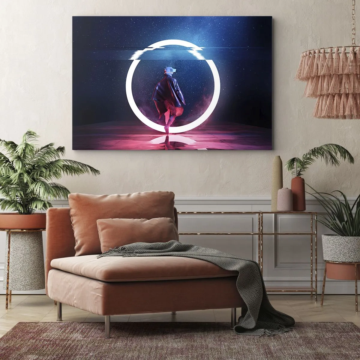 Cuadro sobre lienzo - Impresión de Imagen - Un personaje en un entorno futurista con un círculo de neón. - 70x50cm - Entre mundos - Decoración de pared moderna para salón y dormitorio ARTTOR