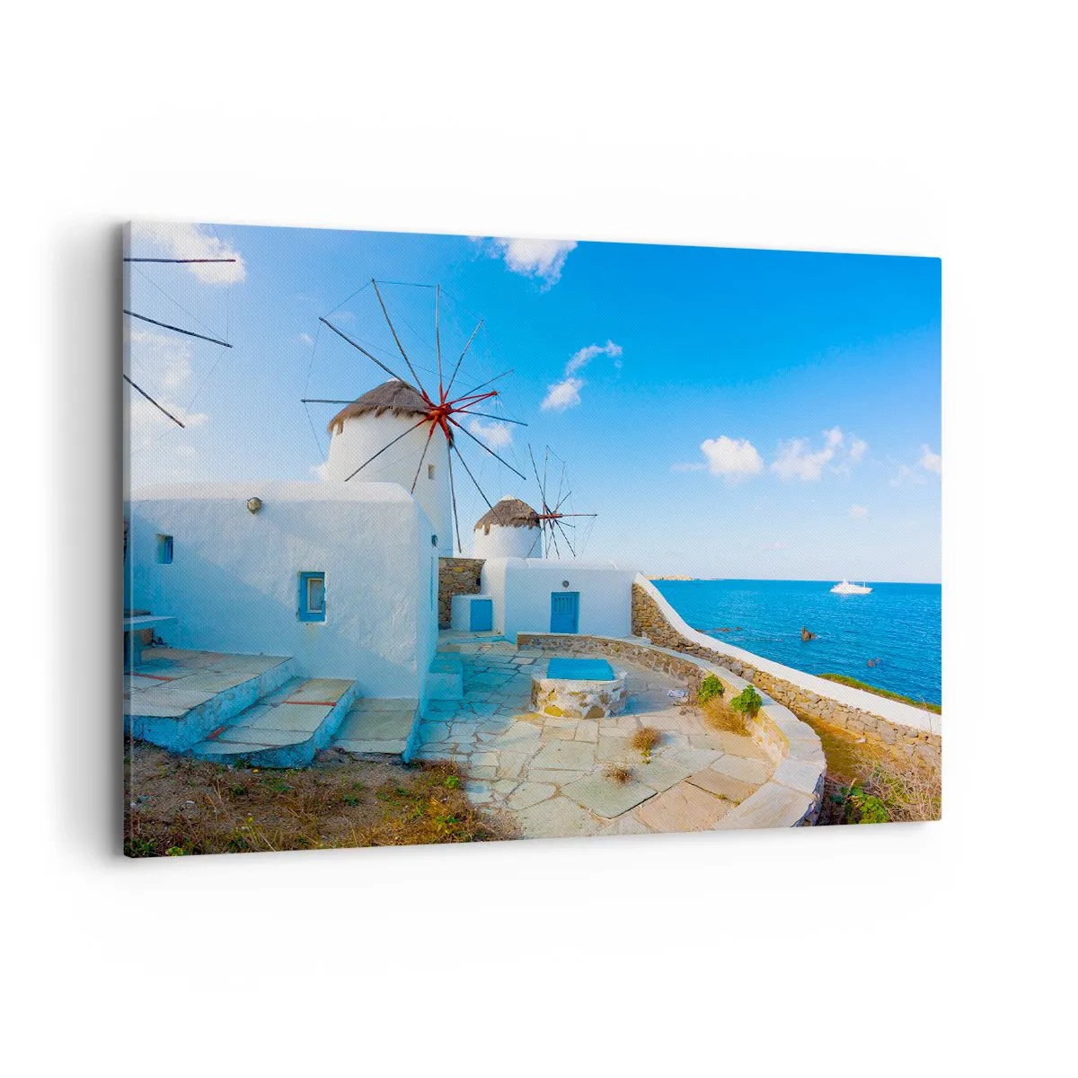 Cuadro sobre lienzo - Impresión de Imagen - Molinos de viento blancos en las orillas del mar azul - 100x70cm - Viento azul marino - Decoración de pared moderna para salón y dormitorio ARTTOR