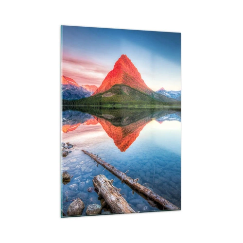 Cuadro sobre vidrio - Impresiones sobre Vidrio - Un pico de montaña reflejado en un lago tranquilo. - 50x70cm - Cálido y frío - Decoración de pared moderna para salón y dormitorio ARTTOR