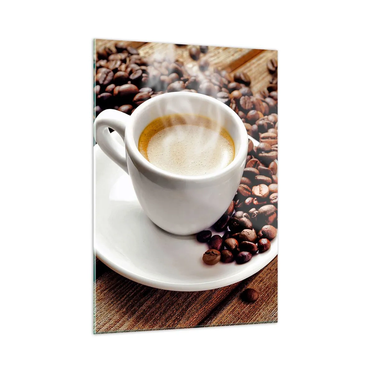 Cuadro sobre vidrio - Impresiones sobre Vidrio - Una taza de café rodeada de granos sobre una mesa de madera. - 50x70cm - Café en el banco - Decoración de pared moderna para salón y dormitorio ARTTOR