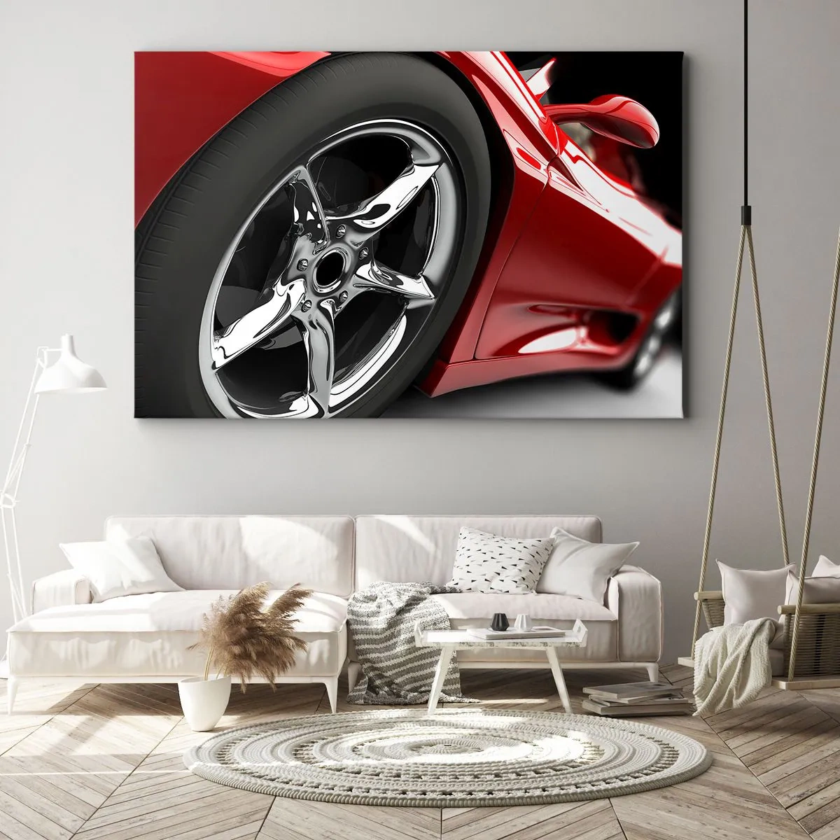 Cuadro sobre lienzo - Impresión de Imagen - Coche deportivo rojo con ruedas cromadas - 100x70cm - Creado para la velocidad - Decoración de pared moderna para salón y dormitorio ARTTOR