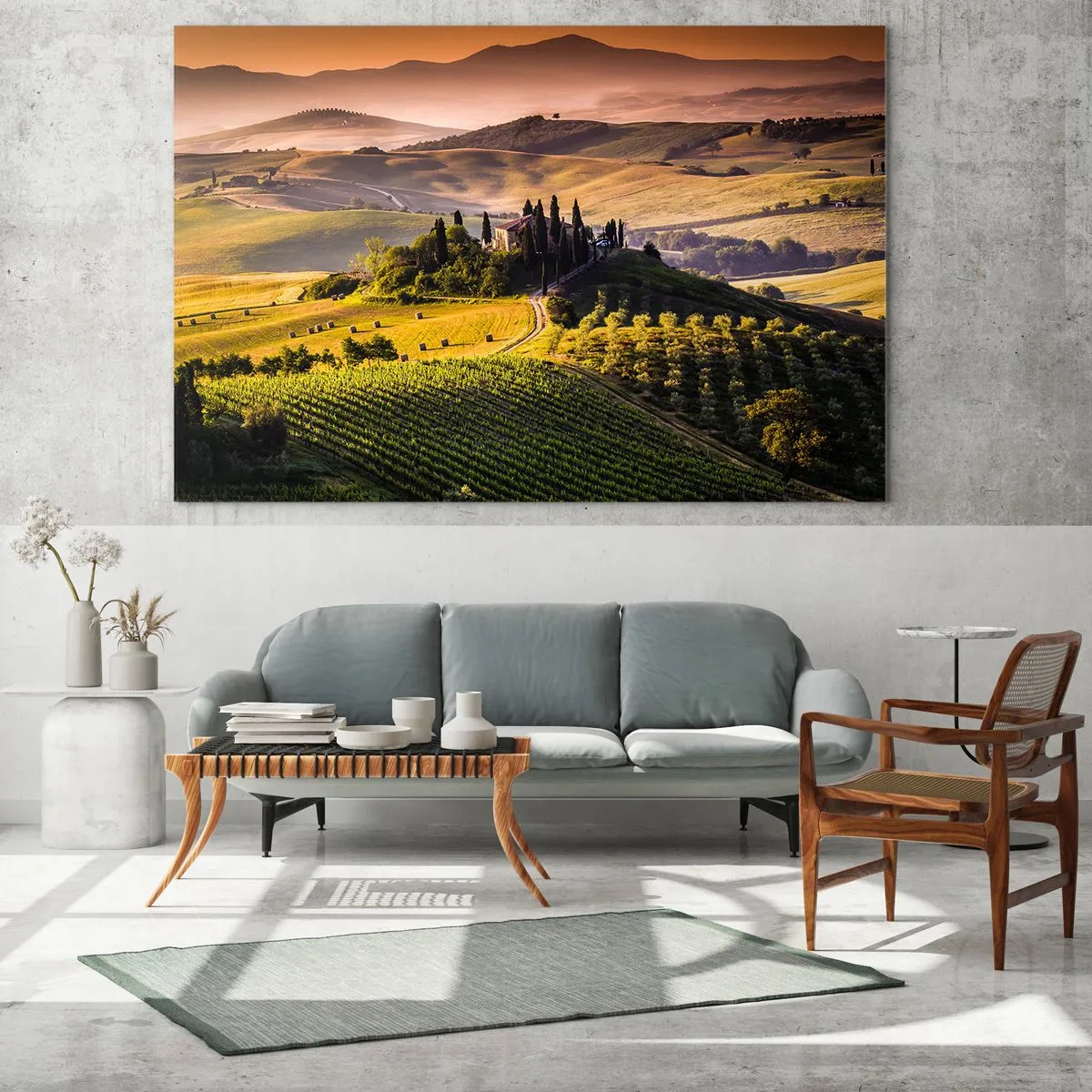 Cuadro sobre vidrio - Impresiones sobre Vidrio - Paisaje toscano al amanecer - 120x80cm - Paisaje toscano - Decoración de pared moderna para salón y dormitorio ARTTOR